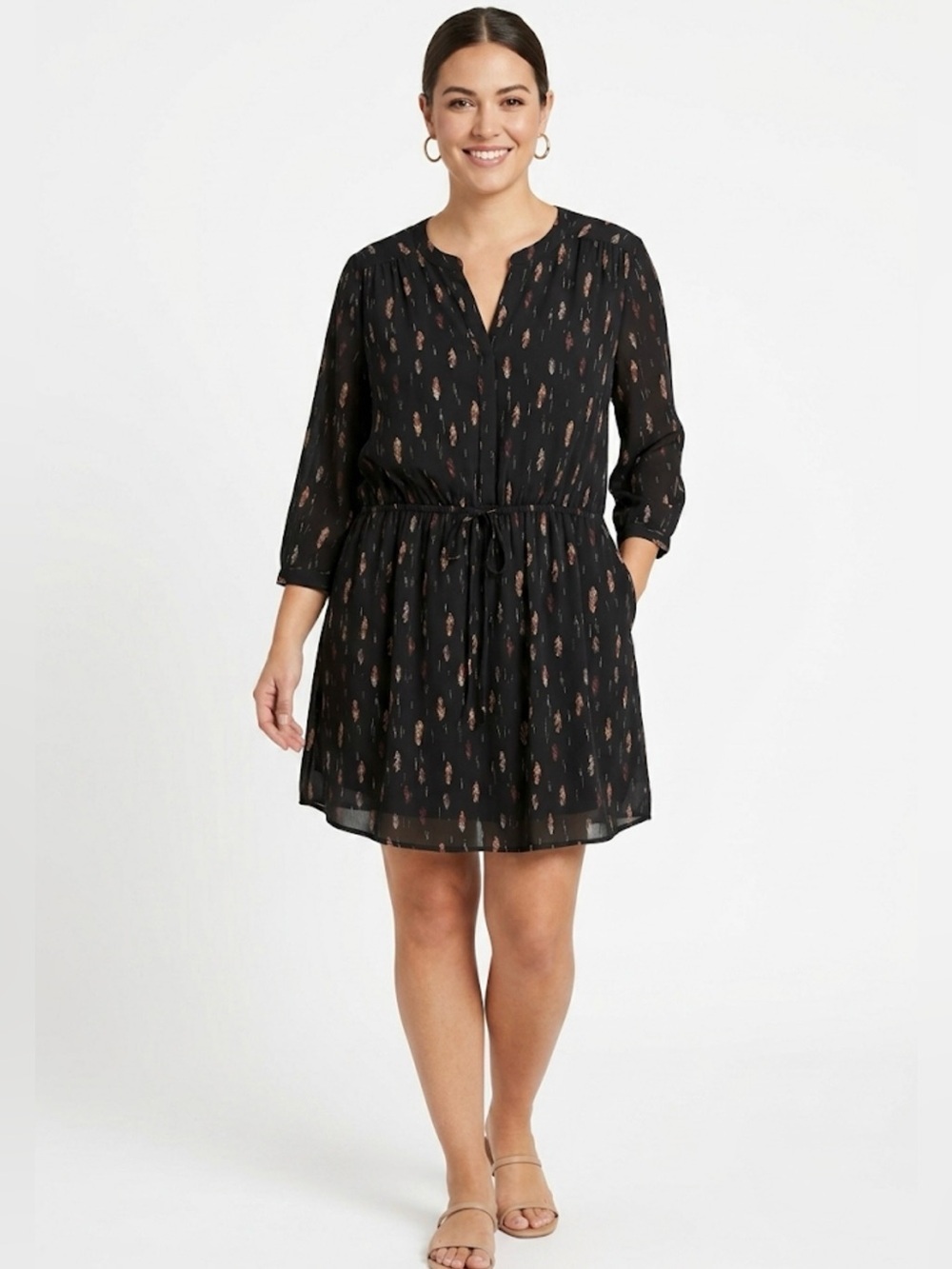 Black Rainn Feather Print Mini Dress Medium Black Pink Boho Waist Tie Pockets